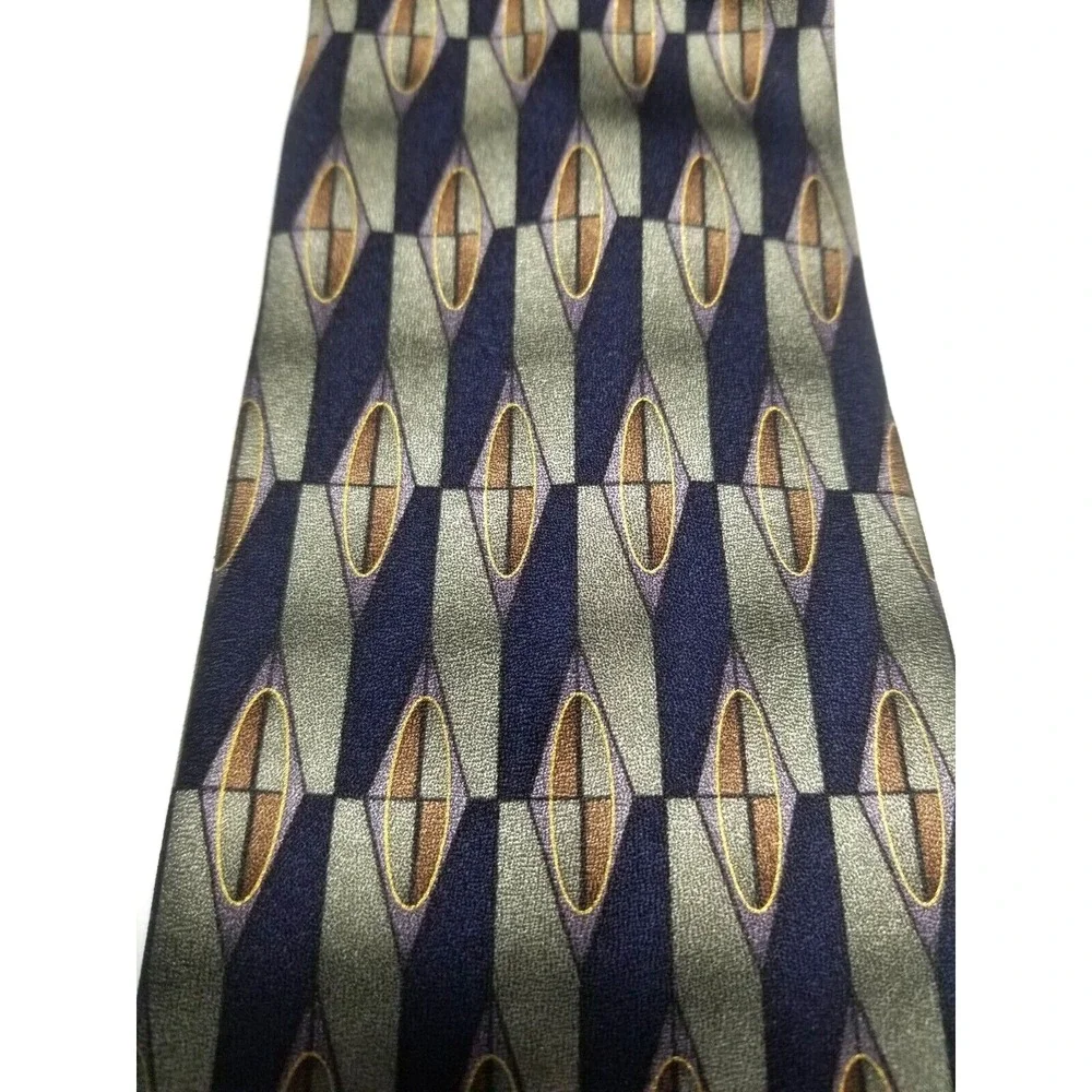 Antonia Collection Handmade Silk Geometric‎ Long Pointed Tie Blue/Green/Gold